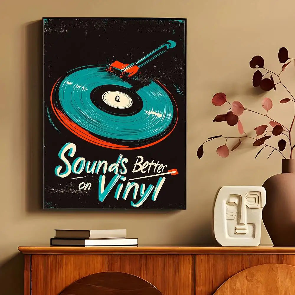 affiches murales vintage rétro disques vinyle illustration cassette audio chambre décoration noire orangée