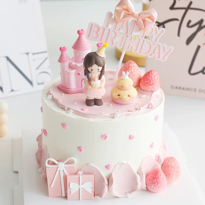 décoration gâteau anniversaire fille château coeurs figurines festives blanc rose