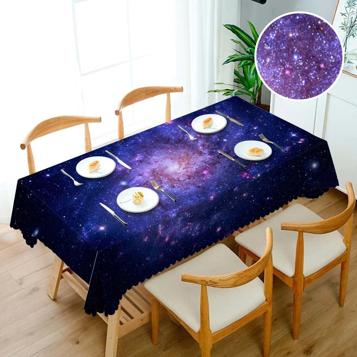 nappe table imperméable motif galaxie étoiles bleu nuit violet moderne réutilisable polyester rectangle fêtes