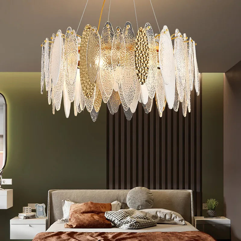 Suspension lumineuse moderne dorée feuilles transparentes bleu blanc élégante chambre salonhôtel