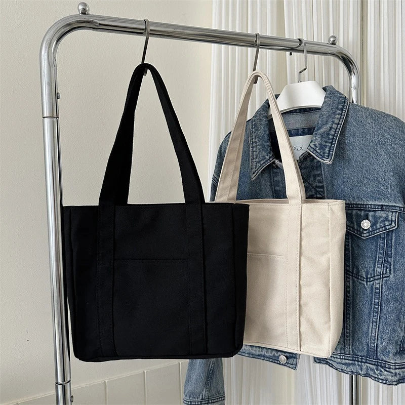 sac main noir beige moderne casual toile uni poche fermeture éclair poignées détachables