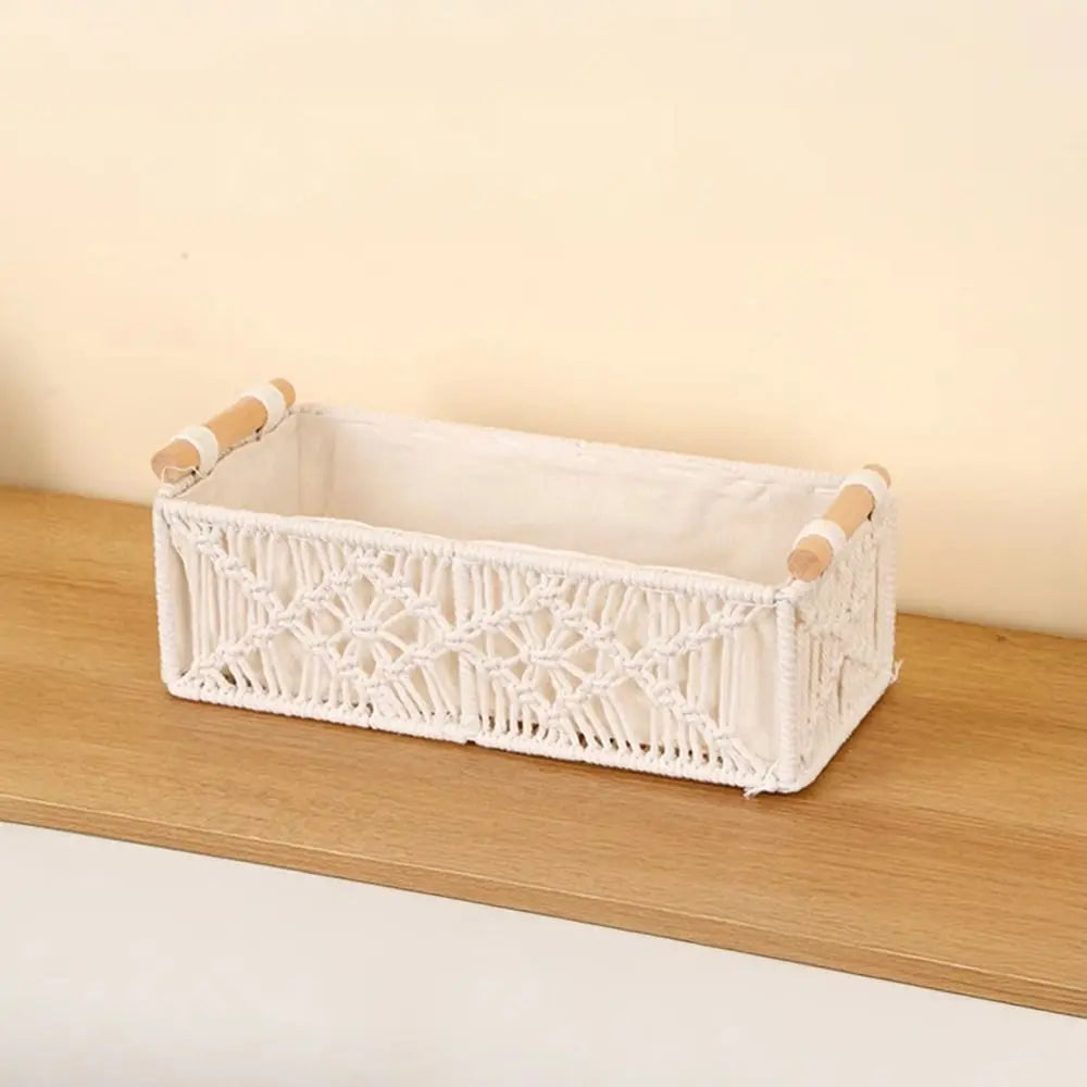 panier tressé bohème blanc motif floral rangement maison multipurpose poignée bois naturel