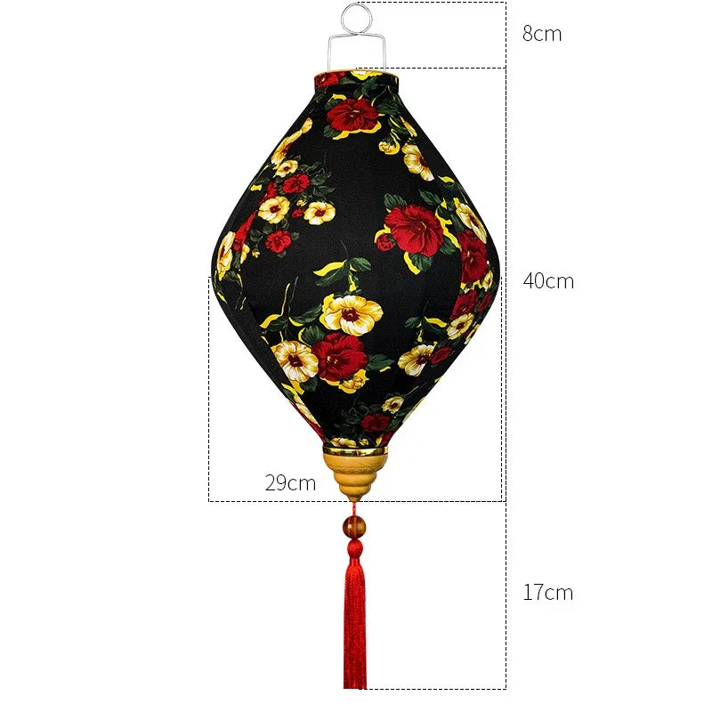 lanterne japonaise traditionnelle rouge fleurs décorative artisanale pompon bois suspendue