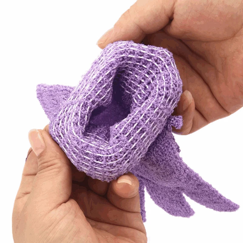 gants bain exfoliants doux microfibre violet rose jaune bleu vert