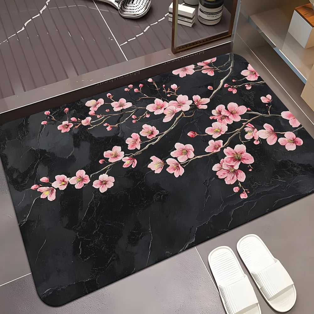 tapis sol antidérapant polyester moderne fleurs cerisier marbre noir rose salon chambre