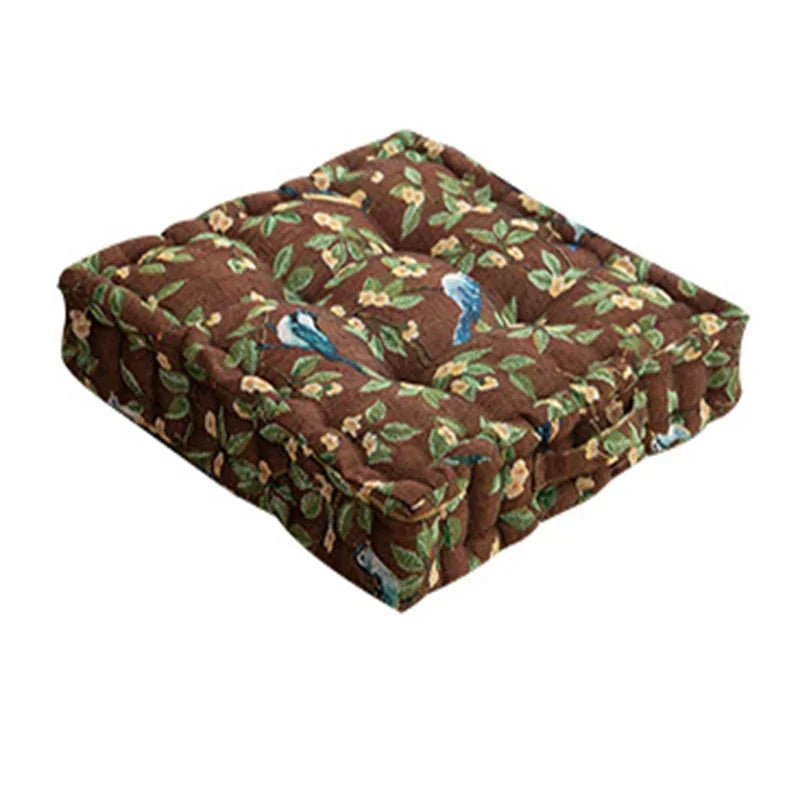 coussin siège carré coton imprimé floral oiseaux rouge vert marron traditionnel