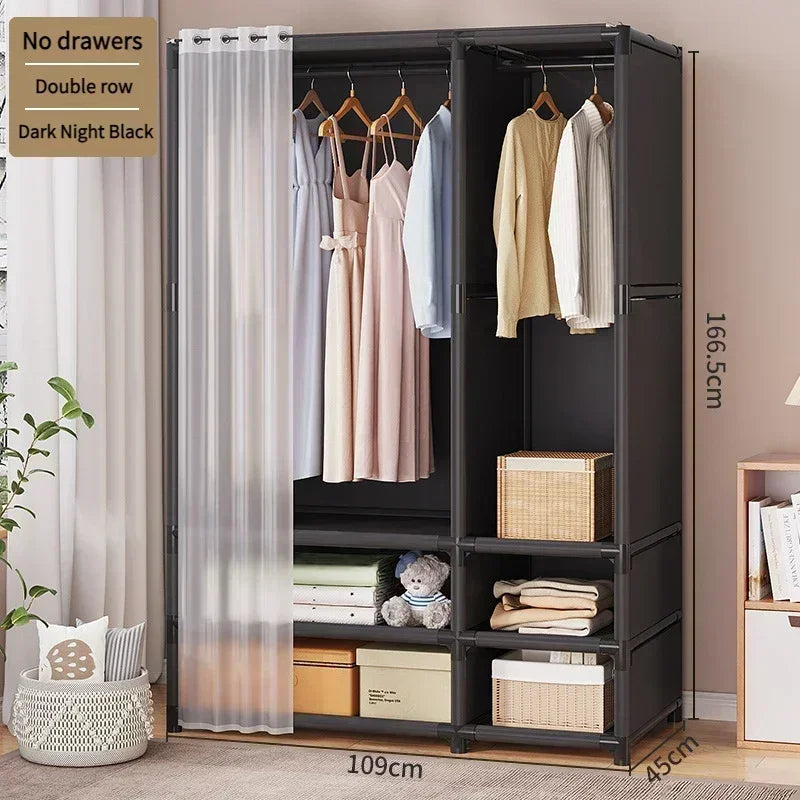 armoire vêtements moderne blanche rangées tiroirs compartiments rideau paires vêtements suspendus panier ours tasse