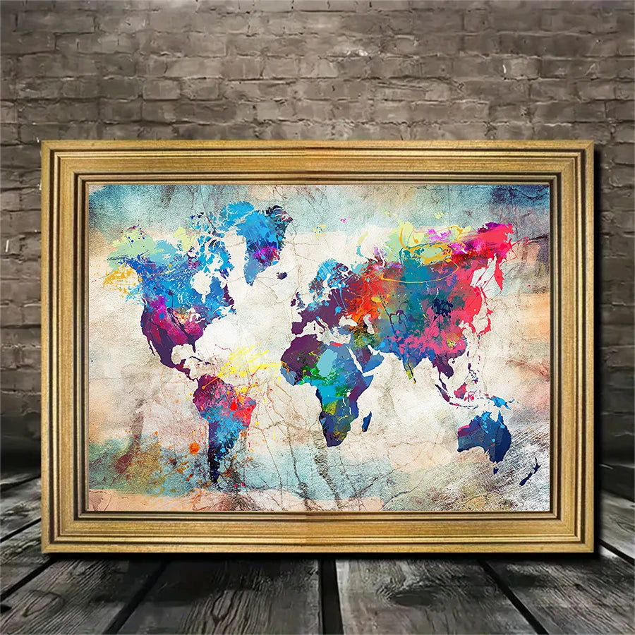 décoration murale moderne toile carte monde abstraite colorée vintagerollable tube