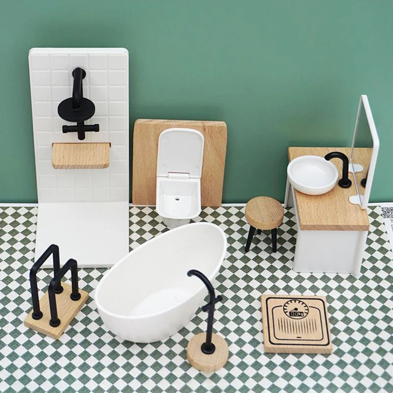 ensemble meubles salle bain miniature blanc bois moderne vasque miroir toilette carreaux minimaliste