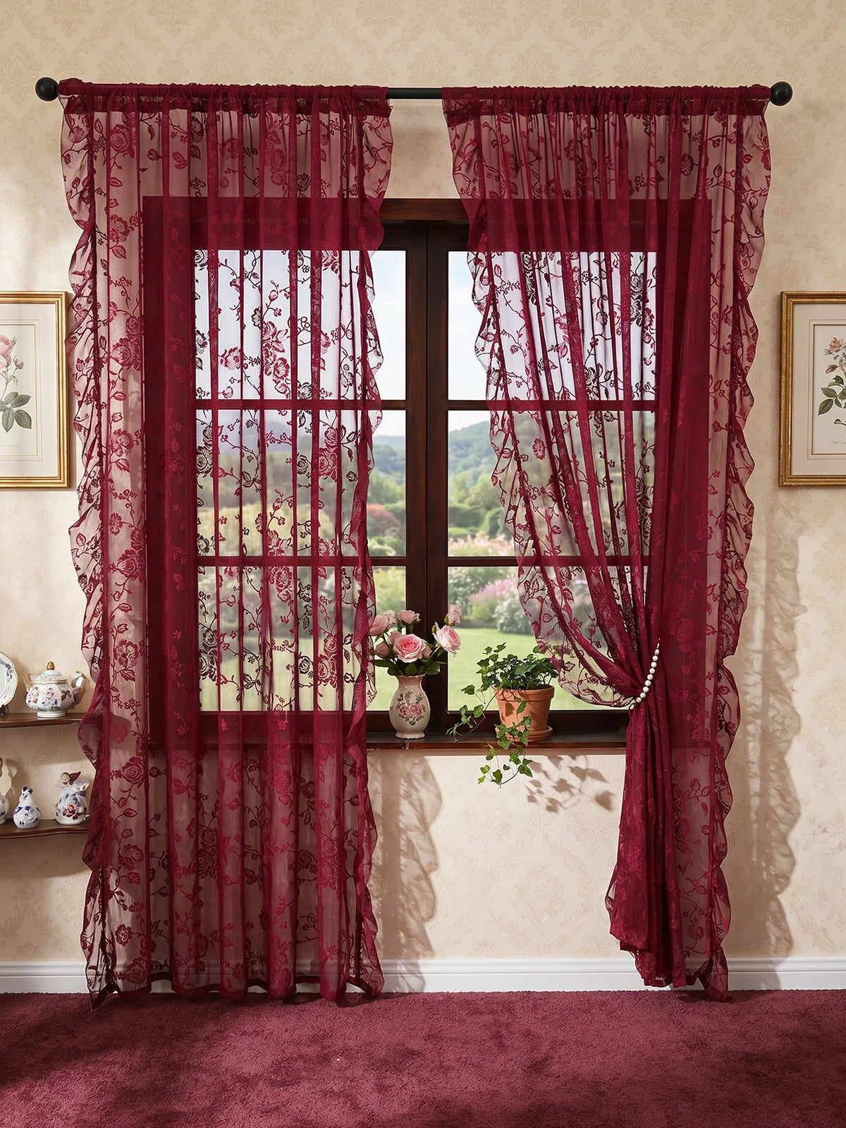 rideau floral bordeaux semi transparent classique chaines decoratives fenetre decoration