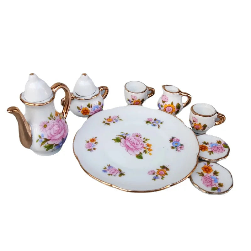 service thé miniature blanc doré rose bleu vert fleurs classique tasse théière soucoupe assiette