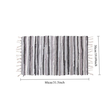 tapis boho moderne rayures horizontales noir blanc gris bleu jaune franges sol résistant