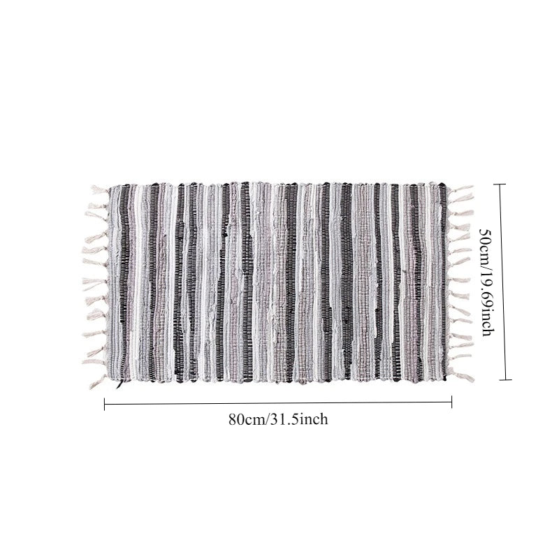 tapis boho moderne rayures horizontales noir blanc gris bleu jaune franges sol résistant