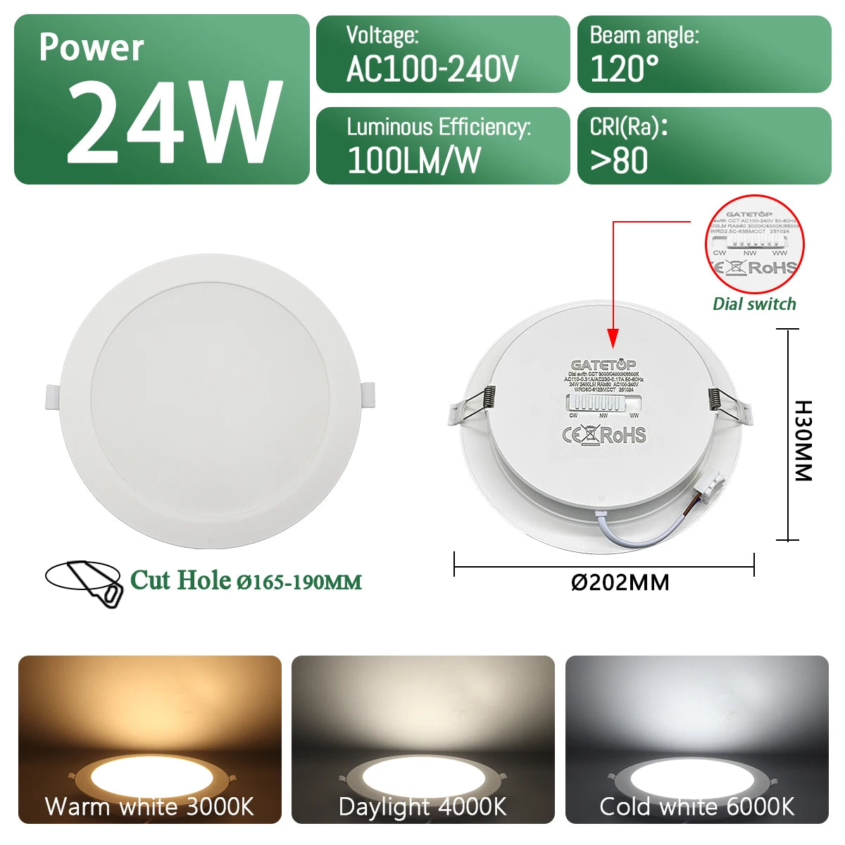 Spot LED encastrable blanc rond carré moderne 75mm 90mm 120° 145°
