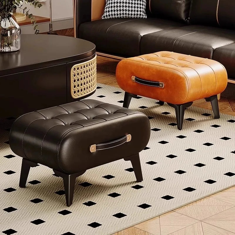 pouf cuir marron vert orange moderne vintage boutons carrés pieds noirs