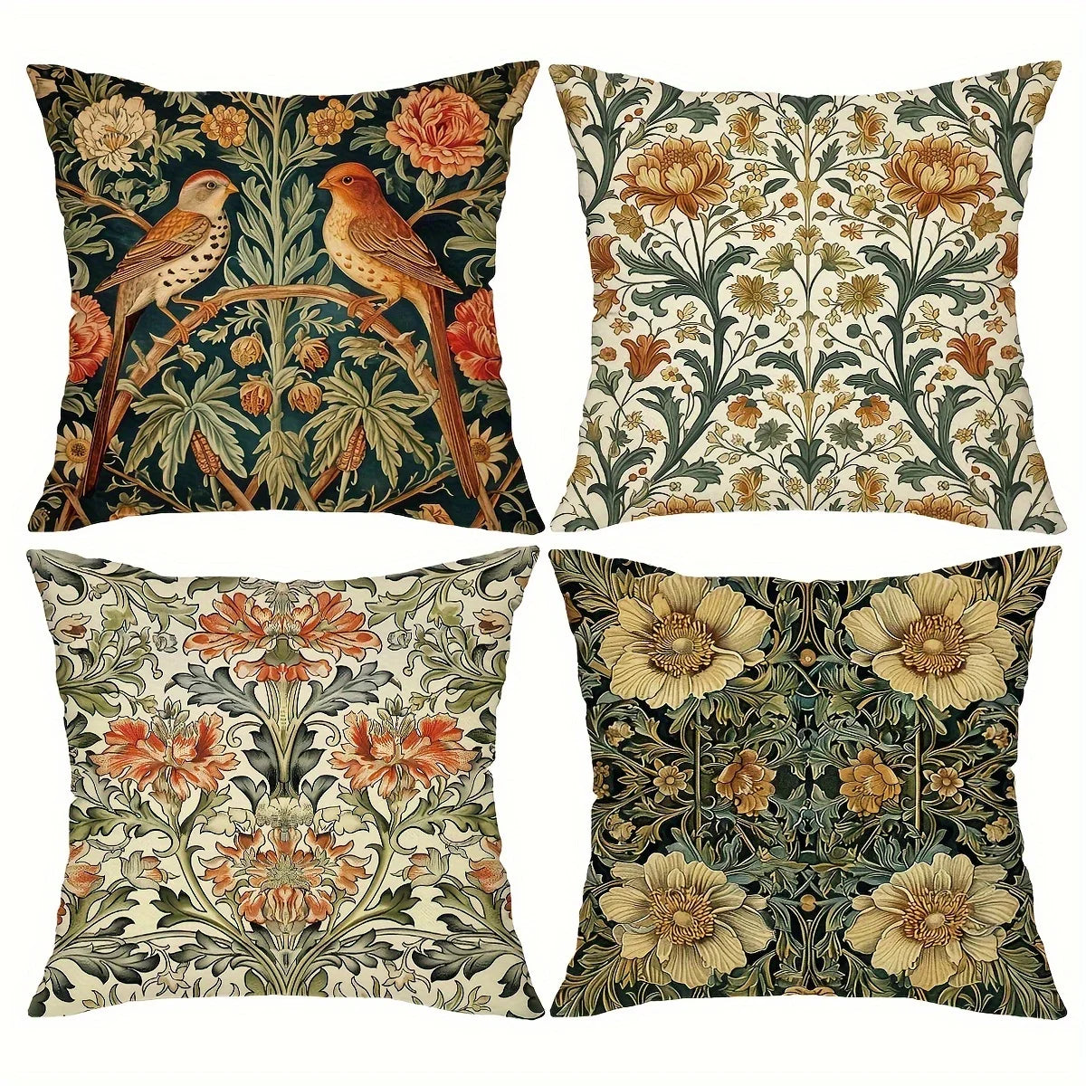 housses coussin vintage floral oiseaux tissu polyester beige vert orange jaune bleu décoratif