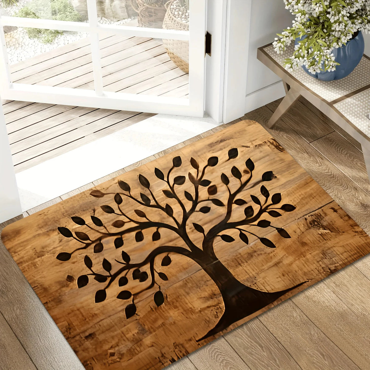 tapis sol rustique arbre stylisé texture bois brun clair noir salon bain imperméable antidérapant