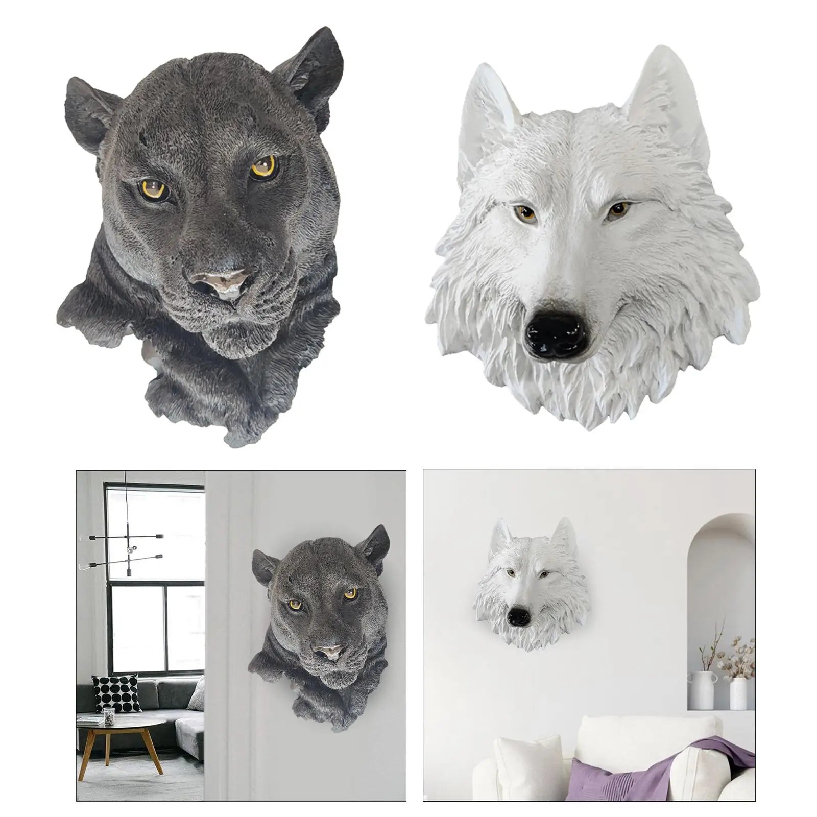 Tête d'animal résine noire et blanche, design géométrique