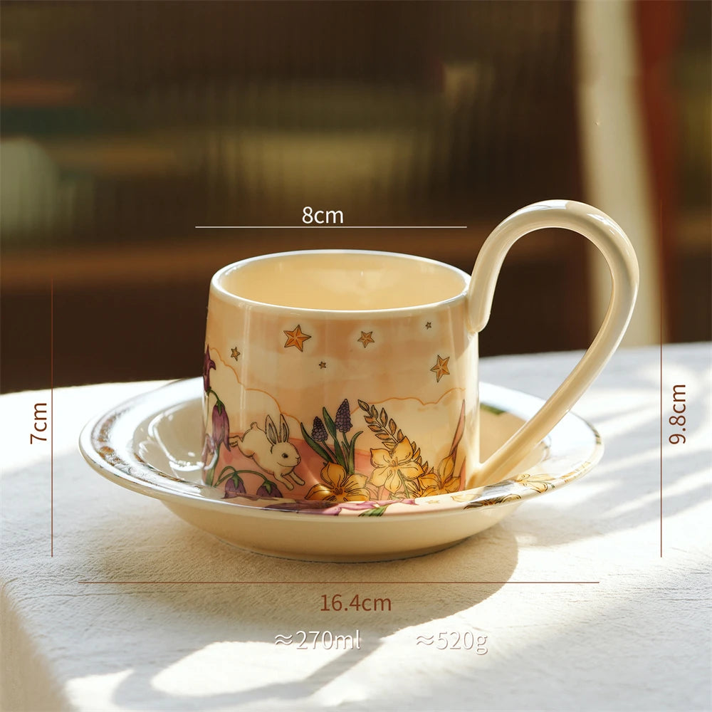 Une tasse de porcelaine décorative avec un motif de lapin et de fleurs, posée sur une soucoupe sur une surface lumineuse.