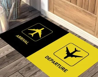 tapis d'entrée moderne noir jaune blanc motif aéroport voyage sol maison salon porte intérieur