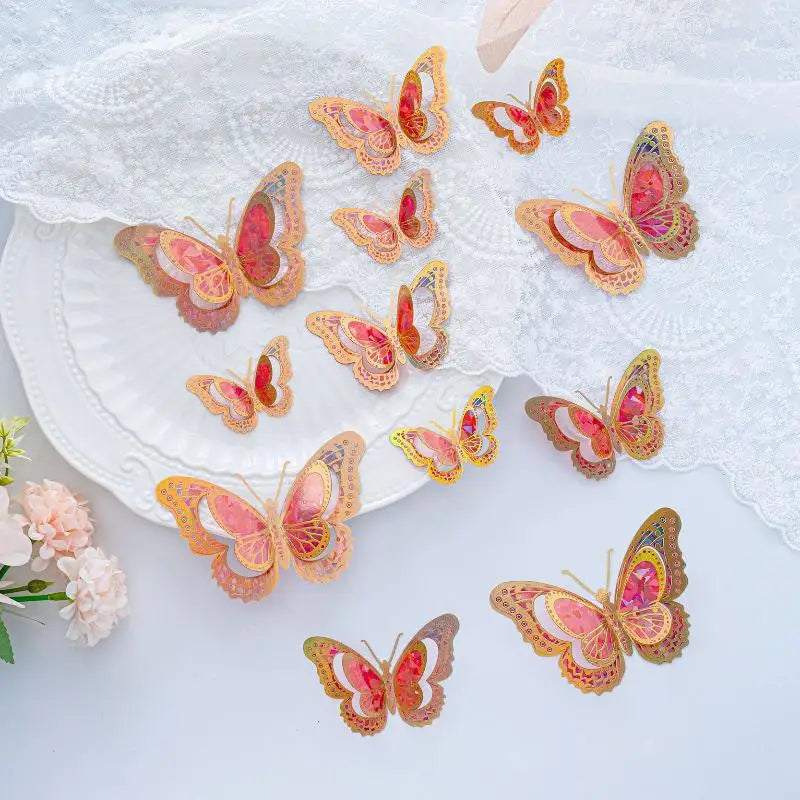 papillons décoratifs transparents effet holographique adhésifs 3d élégants rose vert bleu doré pack 12