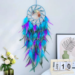 attrape rêves bohème plumes cristal arbre vie tressé suspendu decoration murale plumes duveteuses semi
