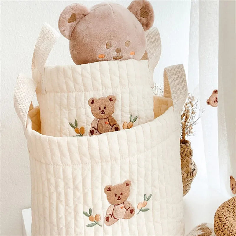 sac rangement coton brodé ours lapin blanc enfantin poignées tissu respectueux environnement coton épais