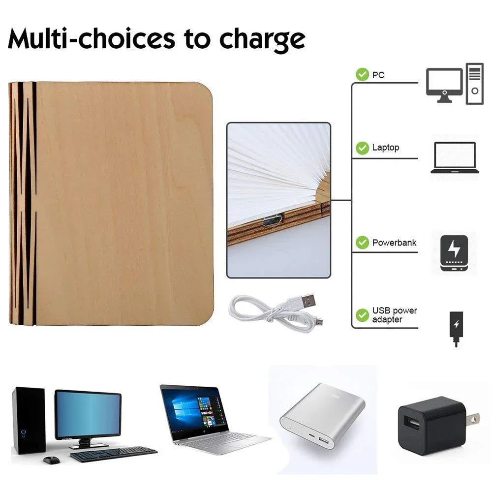 lampe led pliable forme livre bois naturel blanc moderne minimaliste clips magnétiques 5v usb