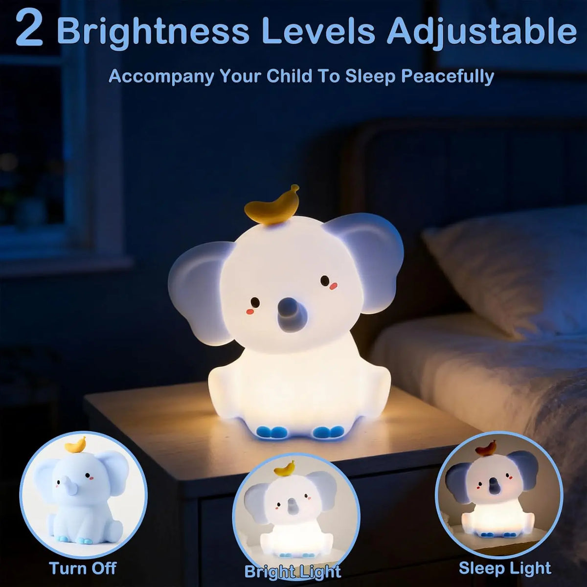 veilleuse éléphant blanc bleu jaune moderne flux lumineux faible intensité variable led chambre bébé