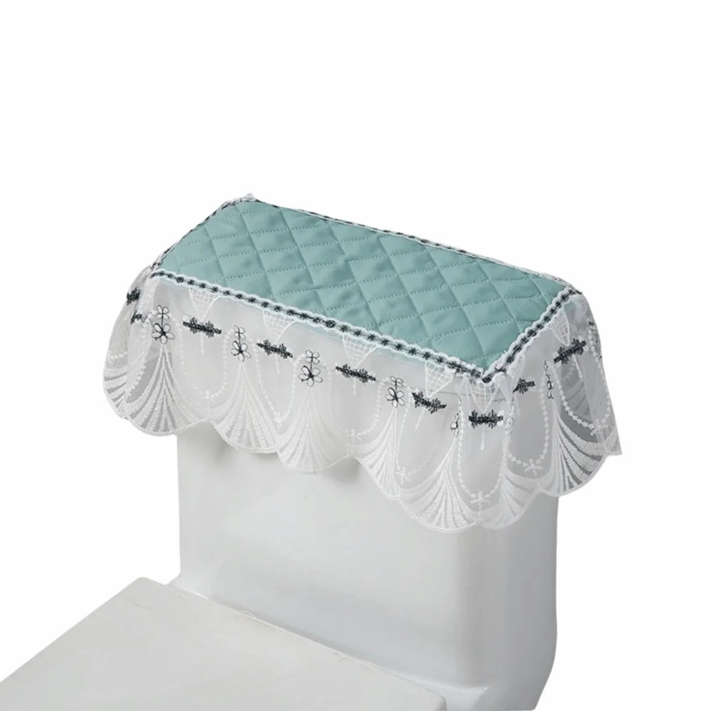 couvre seize toilette brodé bleu marine blanc élégant classique tissu épais plis franges