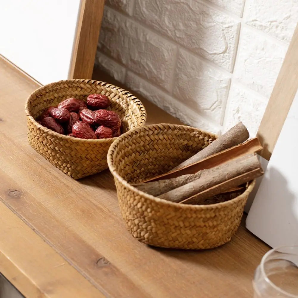 paniers tressés rustiques rangement fruits légumes cuisine respectueux environnement beige marron