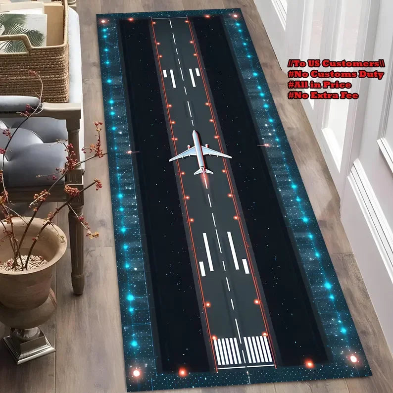 tapis moderne aéroport piste atterrissage floral gris noir blanc vert extérieur décoration chambrehôtel