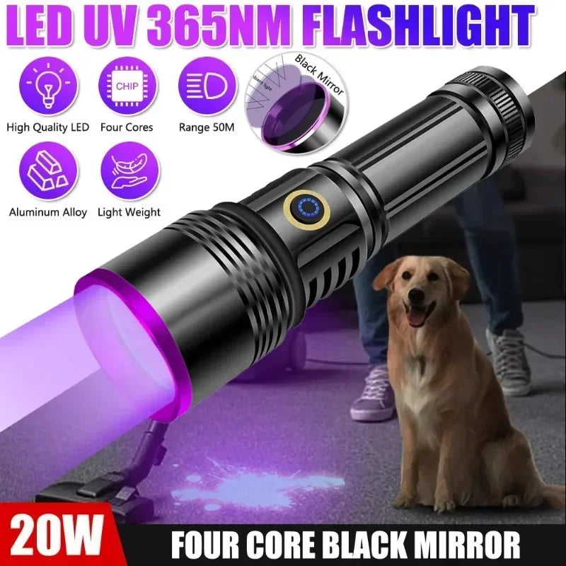 lampe torchon uv rechargeable led noire violette indicateur charge type