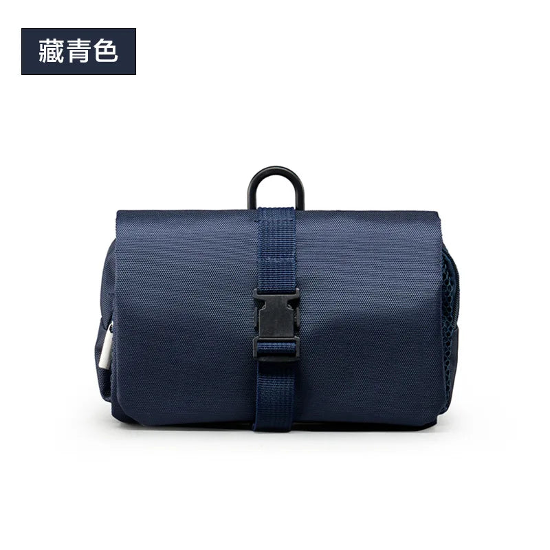 sac toilette pliable suspendu compartiments zippés poches mesh miroir polyester bleu marine gris minimaliste