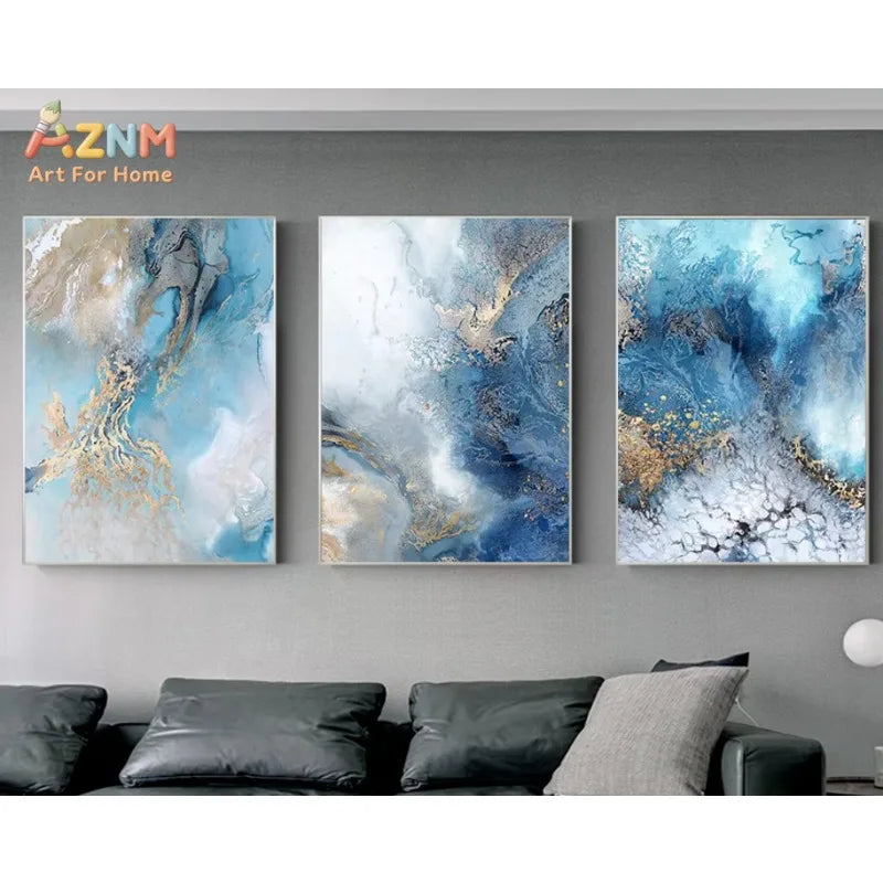 tableaux decoratifs abstraits moderne toile bleu or texture craquelée set deco salon