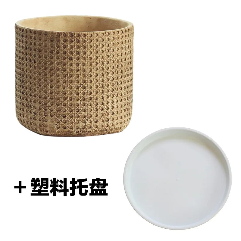 Pot plante tissé marron clair moderne rustique plante verte graines noires serviette blanche