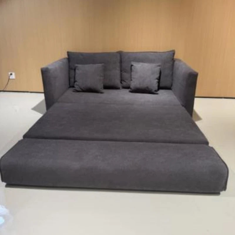 canapé lit marron velours moderne coussins oreillers bois éponge compression minimaliste scandinave