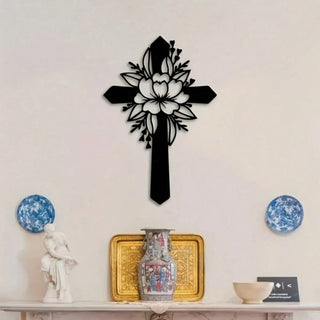 décoration murale croix métal floral moderne élégante spirituelle noir assiettes dorées fleurs