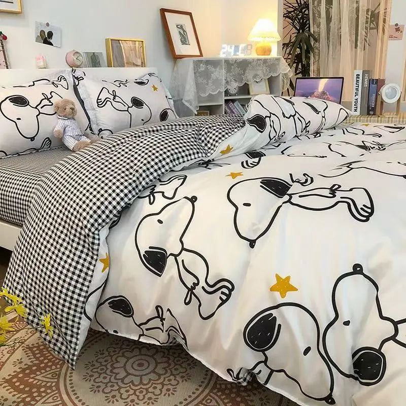 ensemble literie snoopy motif carreaux blanc noir jaune étoiles enfantin moderne 4pièces