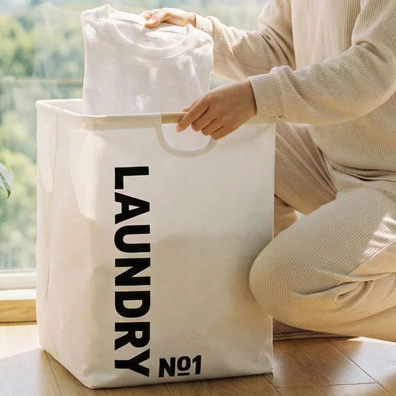 panier linge noir blanc gris toile imprimée LAUNDRY No1 moderne poignées bois capacité grande