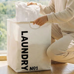 panier linge noir blanc gris toile imprimée LAUNDRY No1 moderne poignées bois capacité grande