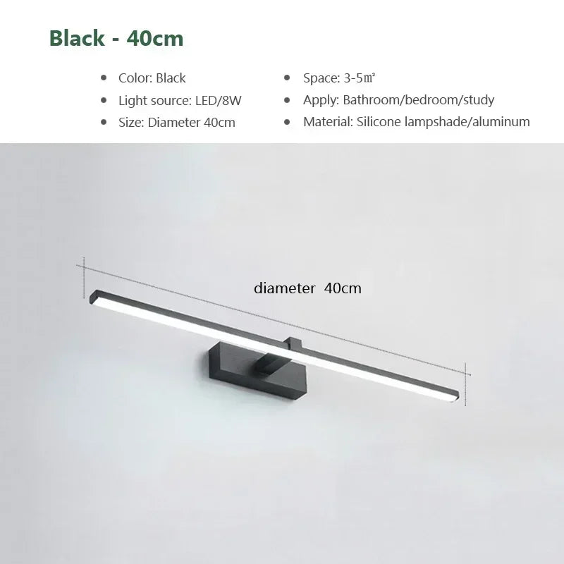 lampe miroir moderne noir blanc doré fixée mur led tricolore 40cm 60cm