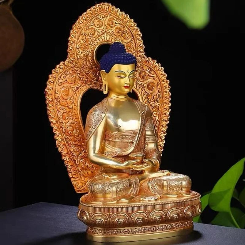 statue bouddha or bleu rouge relief orné tibétain traditionnel asiatique maison prière