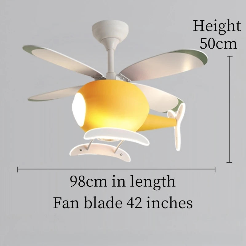 ventilateur lampe intégrée hélicoptère bleu blanc jaune moderne télécommande led enfants chambre salon