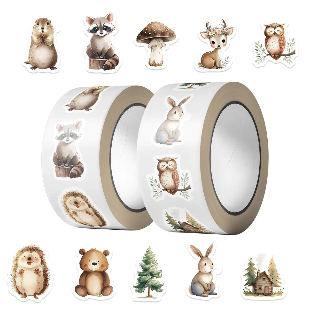 rubans adhésifs décoratifs animaux forêt personnages dessin animé blanc marron vert gris illustrations écolier