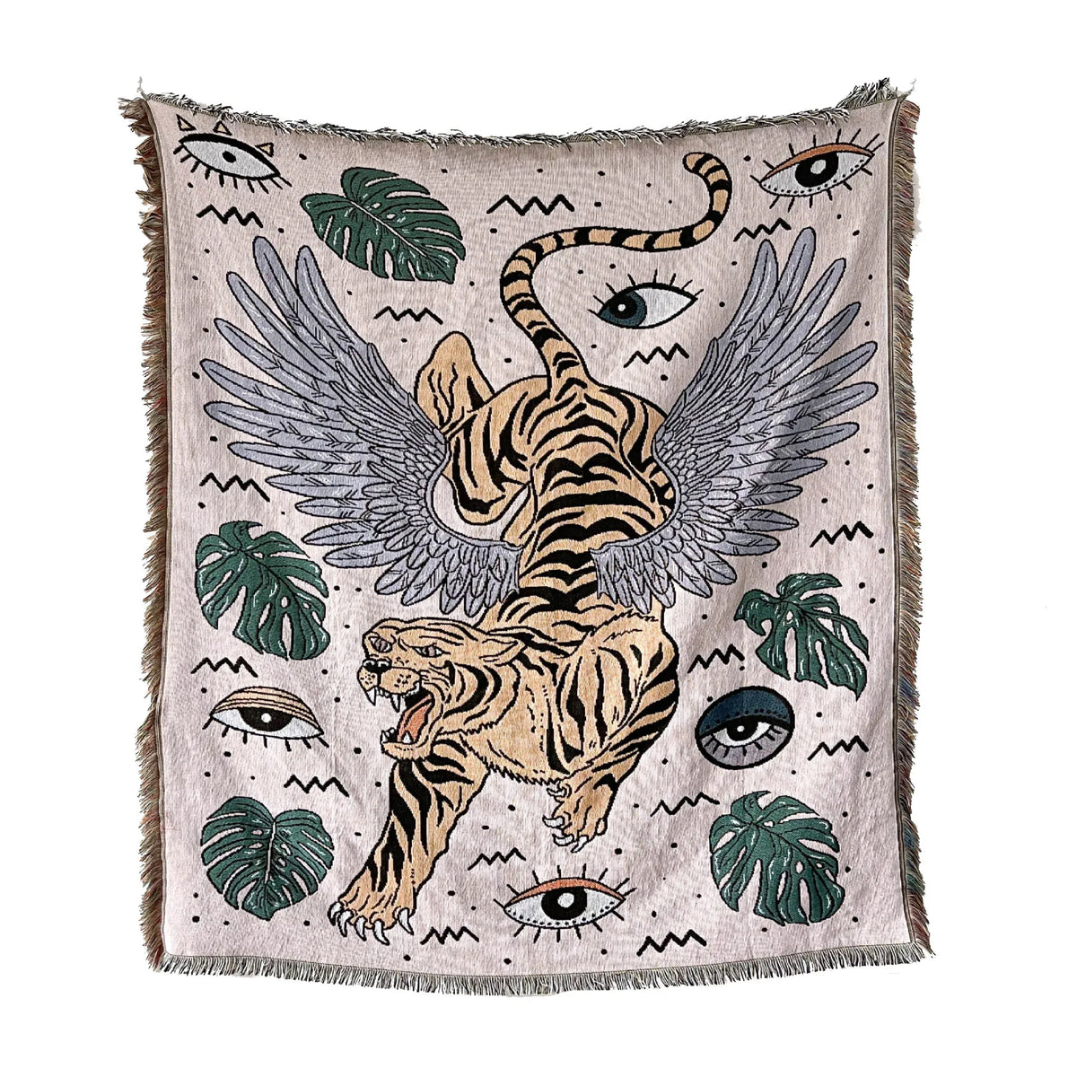 couverture pique nique tigre moderne motif monstera coton gris orange noir vert