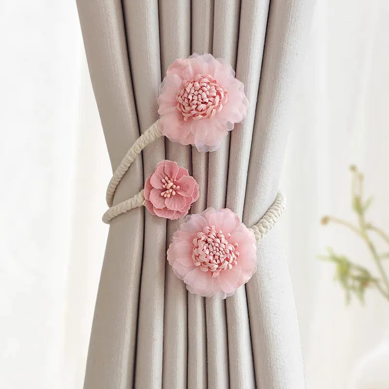 rideau polonais bohème fleurs coton corde tressée moderne attaches pompons transparent floral