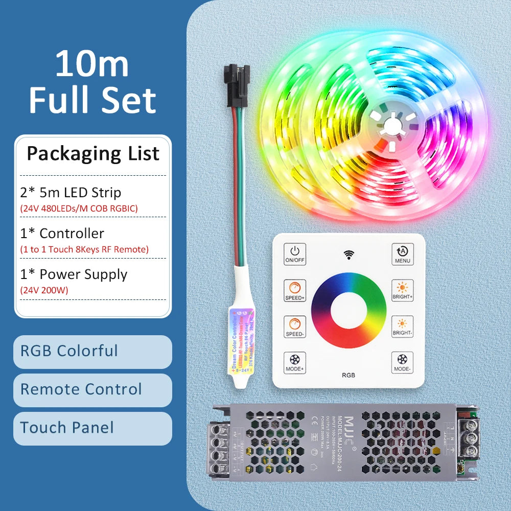 ruban led cob rgbic 24v multicolore 480 diodes 50000h moderne adhésif télécommande