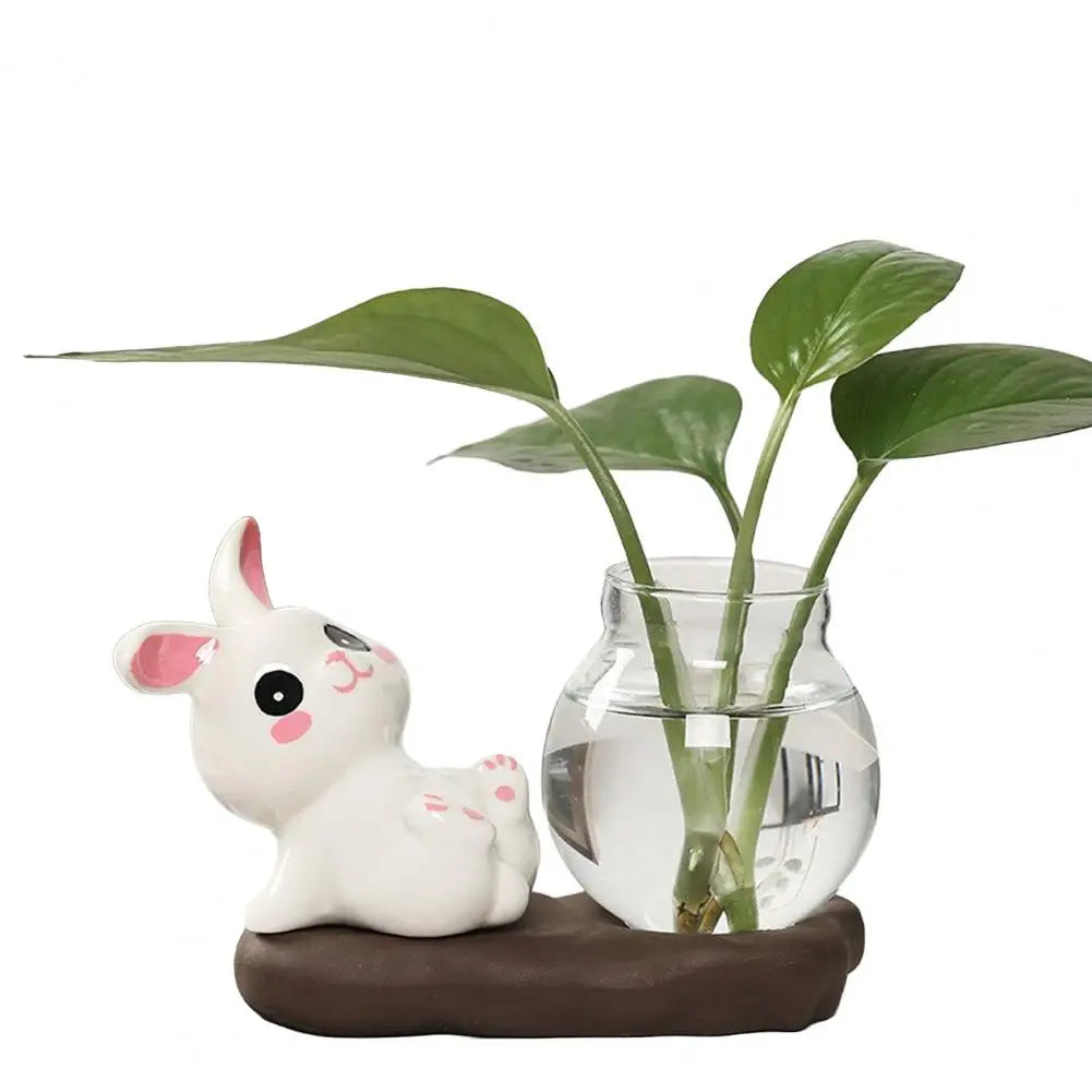 cache pot verre transparent base céramique panda lapin feuilles moderne intérieur blanc noir vert