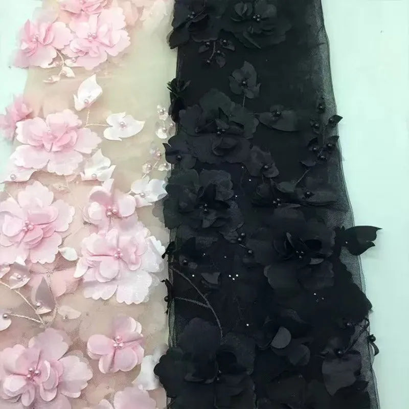 tissu dentelle fleurs relief brodé tulle décoratif mariage robe soirée bleu rose noir